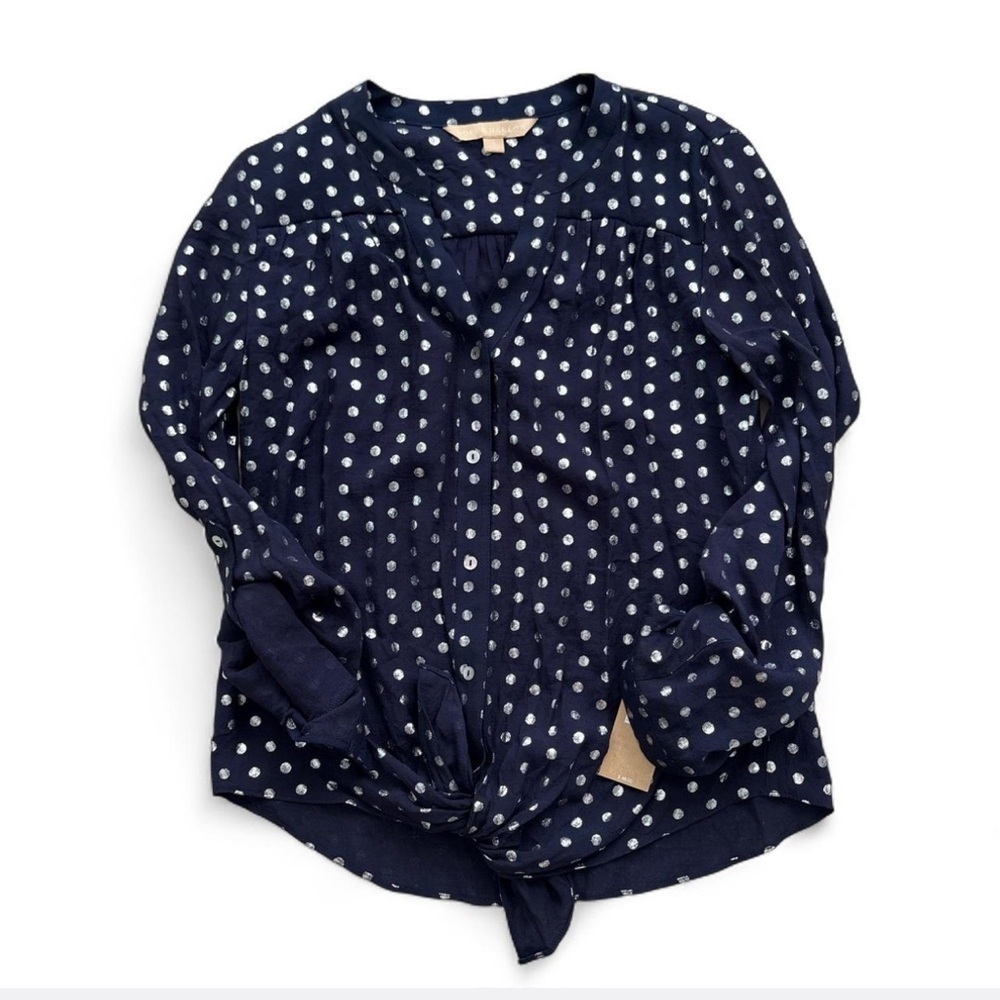 Hope & Harlow Metallic Polka Dot Tie Front Blouse Sz S Navy Y2K Retro Chic - Picture 2 of 5